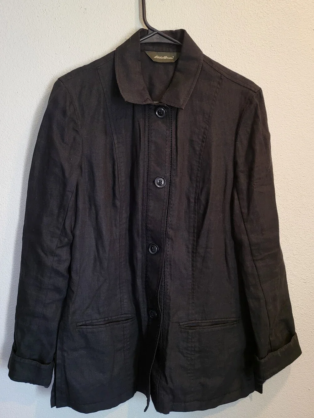 Eddie Bauer Black Linen Button Down Shirt With Eyelet Detail Women's Size M Tall